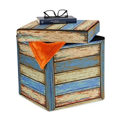 Imagen de Relaxdays Taburete con Almacenaje, Reposapiés Plegable, Efecto Caja de Madera, Acolchado, 38x37,5x37,5 cm, Multicolor, Gomaespuma