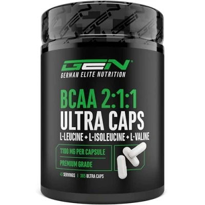 Imagen de BCAA Ultra Caps 365 cápsulas con altas dosis de 1100 mg por cápsula Óptima proporción 2:1:1 Leucina, L isoleucina, valina Aminoácidos esenciales cadena ramificada