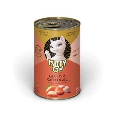 Imagen de KITTY Cat Paté Salmon &amp; Bird 6 x 400 g Comida húmeda para Gatos, sin Cereales, alimento Gatos con taurina, Aceite de salmón y mejillón Labios Verdes, pienso Completo Alto Porcentaje