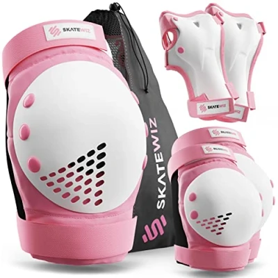 Imagen de SKATEWIZ Protecciones Patines Adulto Skate niño Rodilleras y Coderas Protectores de Rodillas para Patinaje Smash Talla L Rosa Blanco