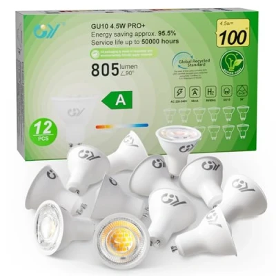 Imagen de GY GU10 led spot 4.5W bombilla gu10, Luz fría 6500K 805 Lumen, equivalentes a 100W, ángulo de haz 36, bajo consumo,No Regulable,12 piezas