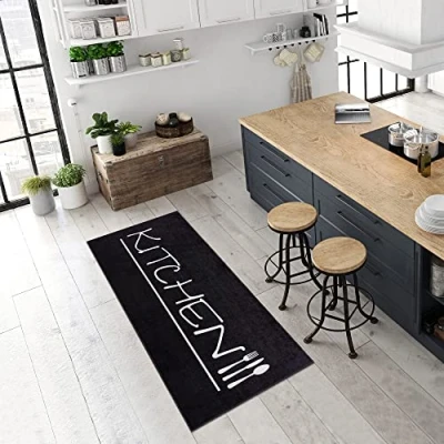 Imagen de Pasha Home Alfombra de Cocina, Pasillo Lavable a 30C, Antideslizante, Fácil Mantener para Entrada, Sala Estar Kitchen Negro, 80 x 200 cm