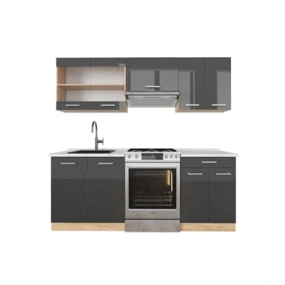 Imagen de Vicco Mueble de Cocina R Line, Antracita Brillo Intenso/Roble Dorado eléctrico, 200 cm, ET Mármol