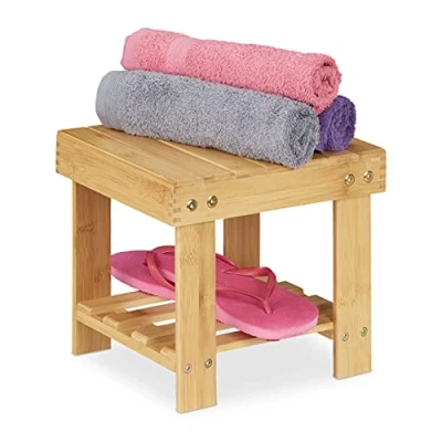 Imagen de Relaxdays Small Footstool with Shelf Taburete de Baño Bambú, Banquillo Madera, Resiste hasta 100 kg, para Cocina, 24,5 x 25 27 cm, Natural