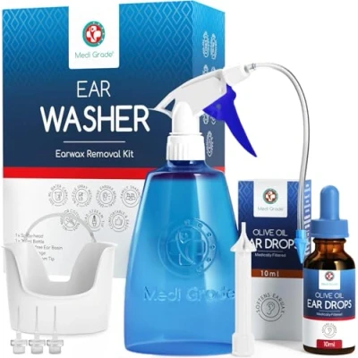 Imagen de Set para Limpiar Oídos, Frasco 300 ml + Jeringa Grande y Conos los Oídos Gotas de Aceite Oliva 100 %, Kit Limpieza Medi Grade, Elimina Tapones en Adultos Niños
