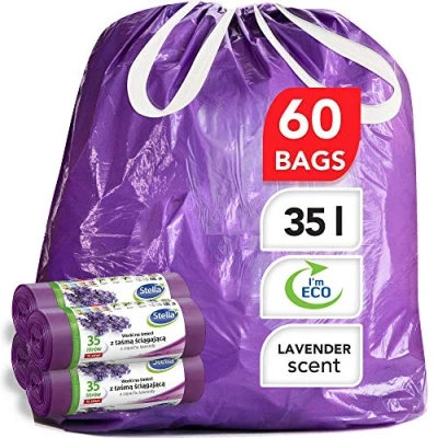 Imagen de Stella Bolsas de Basura Ecológicas y Reciclables Hechas Plástico Reciclable Fuertes Flexibles Aroma Lavanda Color Púrpura 35L con Tiras