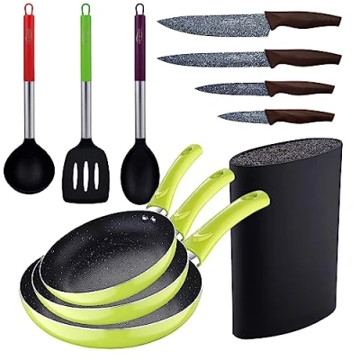 Imagen de Set 3pc sarten (20+24+28cm) aluminio prensado verde con utensilios de cocina nylon 4pc cuchillos acero inoxidable Tacoma / bloque