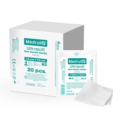 Imagen de Medrull Apósitos estériles no textiles, ultrasuaves, 40 unidades (20 x 2 unidades), 4 capas, 7,5 cm