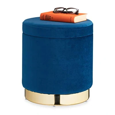 Imagen de Relaxdays Taburete Terciopelo, Redondo, Reposapiés Tapizado Elegante, Puff Moderno, 41,5 x 37 cm, Azul/Dorado