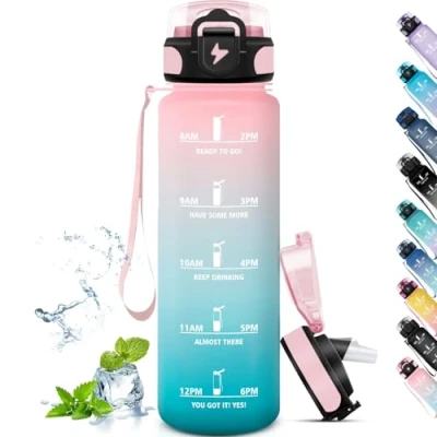 Imagen de Grsta Botella Agua, Agua 1 Litro, Gimnasio con Marca de Tiempo, Pajita, Fácil Limpiar, Motivacional para Gimnasio, Bicicleta, Yoga, Rosa Cian