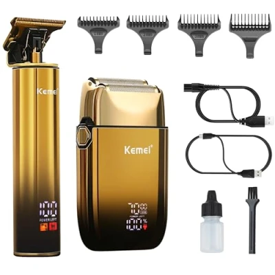 Imagen de KEMEI Afeitadora eléctrica para hombres con cuchillas dobles flexibles, recortadora de barba, cortapelos y pelo, juegos cuidado recargable, resistente al agua, Golden, Black