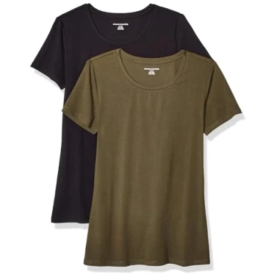 Imagen de Amazon Essentials Camiseta de Cuello Caja Manga Corta y Ajuste Clásico Mujer, Pack 2, Negro/Verde Oliva, M