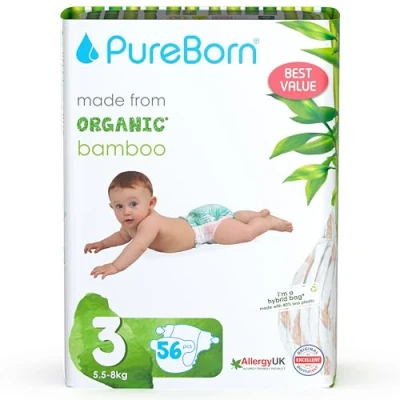 Imagen de PureBorn Pañales Bebé Ecológicos de Bambú, Talla 3 (5,5 8 kg), 56 piezas, Hipoalergénicos, Ultrasuaves, Estampado Surtido