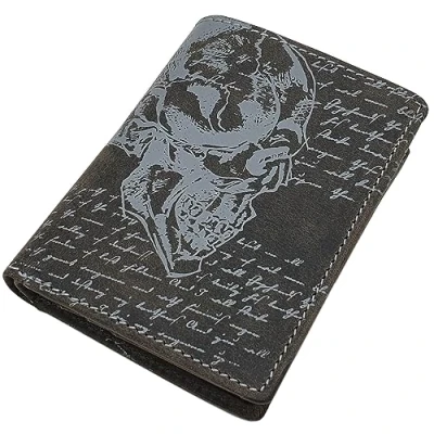 Imagen de myledershop Cuero de búfalo Cartera con Calavera Motivo en Formato Vertical o oblongo Bloqueo RFID y NFC (Modelo 1 / Vertical/Gris)