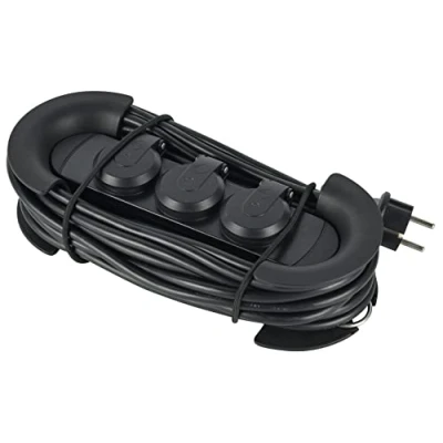 Imagen de Electraline 62579 Regleta Base Multiple Profesional para Exteriores, 3 Tomas Schuko con Enchufe IP44, Colgante 2 Ganchos, Cable 10 Metros