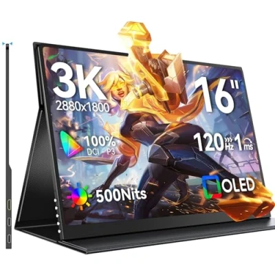 Imagen de Monitor Portátil OLED 3K 120Hz 16 Pulgadas con 100000:1 500 Nits 2880*1800 16:10 DCI P3 1ms Pantalla Mini HDMI USB C para PC Laptop Smartphone Consolas de Juegos, Carcasa metal, Compatible VESA