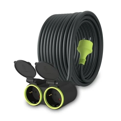 Imagen de MutecPower 20m Cable alargador de corriente con 2 enchufes Schuko para uso Exterior IP44 H05RR F3G 1,5mm² alargo doble tomas Protección Infantil Goma 20 metros negro/verde