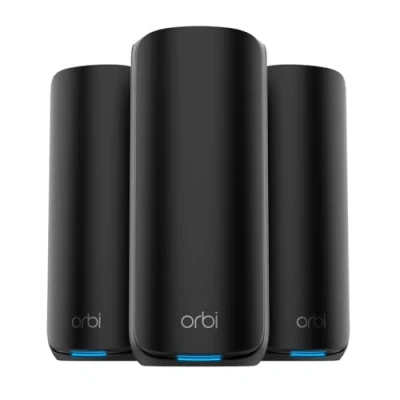 Imagen de NETGEAR Orbi Mesh WiFi 7 Serie 870 (RBE873B), Router + 2 Extensores de Rango satélite, Cobertura hasta 600 m2, 150 Dispositivos, Puerto Internet 2.5 G, Negro