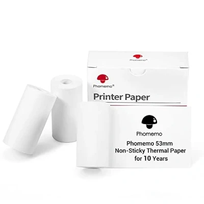 Imagen de Phomemo Papel térmico blanco antiadherente de 53 mm para impresoras M02/M02S/M02Pro/M03/M03AS/M04S/M04AS, x 6.5 m, conservación10 años, negro sobre blanco, pegatinas,diario,notas,3 rollos