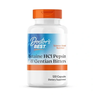 Imagen de Doctor&#039;s Best, Betaine HCl, Pepsin and Gentian Bitters, 650mg, 120 Cápsulas, Altamente Dosificado, Probado en Laboratorio, Sin Soja, Gluten, No GMO