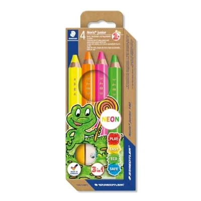 Imagen de STAEDTLER 140 lápices de colores C4P1 Noris Junior 3 en 1 para niños a partir años, neón surtidos (paquete 4 + sacapuntas)