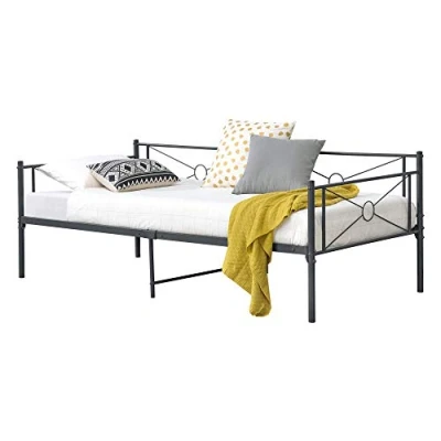 Imagen de [en.casa] Cama de Metal Alvesta 90 x 200 cm Simple Individual Somier Reposacabezas y Reposapiés Decorativos Gris Oscuro Mate