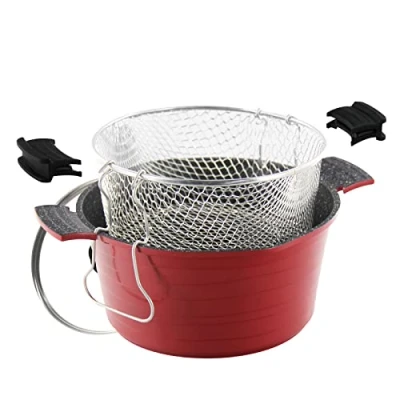Imagen de ROSSETTO Sarten freidora con cestillo extraíble y tapa de cristal,Aluminio fundido recubrimiento antiadherente,Rojo 24cm,apto para lavavajillas todos tipos Cocinas Incluso Induccion