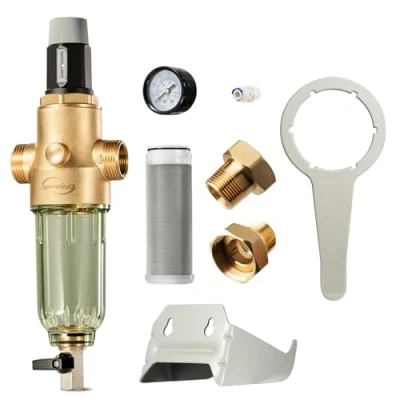 Imagen de iSpring WSP50PRG Filtro de Sedimentos 3/4&#039;&#039; 1&#039;&#039; con Reductor Presión, Agua Reutilizable para Toda la Casa, Latón sin Plomo, Prefiltro Filtración 50 Micras