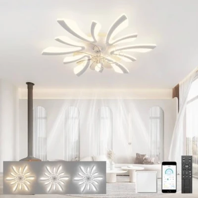Imagen de LJX Ventiladores de Techo con Luz y Mando a Distancia Silencioso DC Lampara Dormitorio Ventilador Temporizador Regulable Reversible Led Techo, Blanco