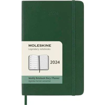 Imagen de Moleskine Agenda Semanal con Espacio para Notas 12 Meses 2024, Formato Pocket 9x14, Tapa Suave y Cierre Elástico, Color Verde Mirto