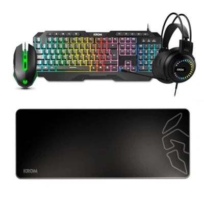 Imagen de KROM KARRIER Pack Gaming Teclado membrana RGB Rainbow LED, 19 teclas Anti Ghosting, Raton Optico 3600 dpi, Auriculares Stereo 50mm, Alfombrilla XXL Goma Antideslizante, layout, Negro