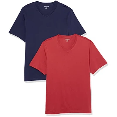 Imagen de Amazon Essentials Camiseta de manga corta, cuello pico, corte recto (disponible en tallas grandes y largos especiales) Hombre, Pack 2, Azul Marino/Rojo Oscuro, XL