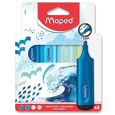 Imagen de Maped 4 rotuladores Fluo&#039;Peps Punta biselada Subrayadores de larga duración Uso escolar y profesional Resaltadores colores pastel Fluos tinta purpurina Tema océano azul/verde