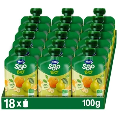 Imagen de Hero Solo Bolsitas Ecológicas de Fruta con Plátano, Pera y Naranja, Sin Conservantes, Aditivos, Aceite Palma, Gluten ni Azúcares Añadidos, A Partir los 4 meses Pack 18 x 100 g