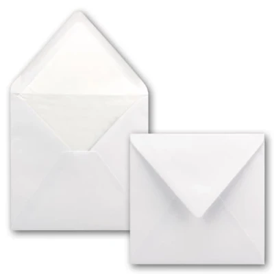 Imagen de 50 sobres cuadrados de 16 x cm, color blanco brillante, con forro seda blanco, sin ventana y adhesivo húmedo, para tarjetas invitación boda cumpleaños