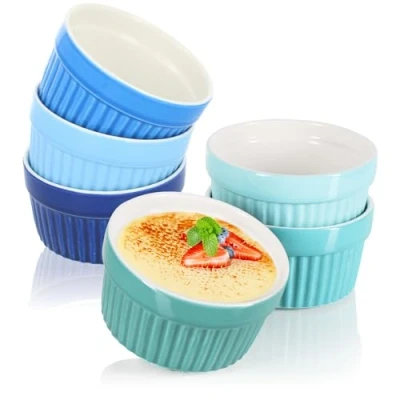 Imagen de COM FOUR® 6x Moldes para soufflé Cuencos de cerámica Creme Brulee individuales postres en azul tazón postre y paté