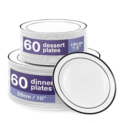 Imagen de MATANA 120 Platos de Plástico Blanco Premium con Borde Negro, 2 Tamaños Elegantes y Reutilizables Vajilla Resistente e Irrompible para Bodas, Cumpleaños, Catering, Fiestas