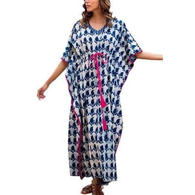Imagen de YouKD Algodón Kaftan Vestido de patrón étnico Bohemio Beach Bikini Cover Up Robe Camisón Talla Grande para Mujer