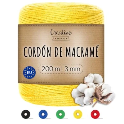 Imagen de Creative DECO 3mm x 200m Cuerda Macramé Hilo Algodón Amarilla Espesor + 0.5 mm Cordón Rollo Grande Natural Grueso Fuerte Decoración Manualidades Artesanía Bricolaje y Embalaje