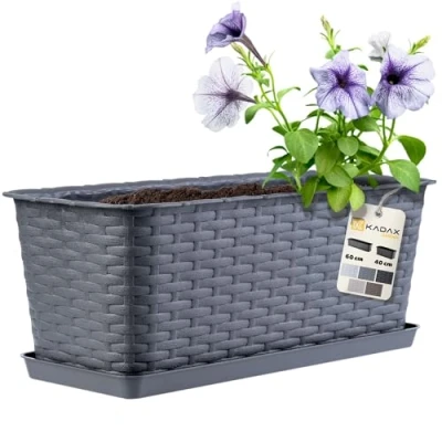Imagen de KADAX Maceta de Plástico Imitación Ratán para Exterior, Macetero Rectangular con Platillo Ventana, Jardinera Balcón (Grafito, 40 cm)