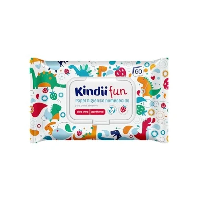 Imagen de Kindii Fun Papel Higiénico Enjuagable Humedecido para Niños Combinación de Húmedo y Toallita Húmeda Refresca la Zona Íntima Manzanilla, Aloe Vera 60 uds