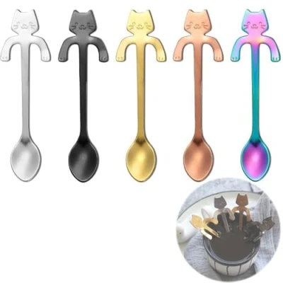 Imagen de LEZED Cuchara de café Cat en Acero Inoxidable Cucharillas Forma Gato Colgante, para café, postres, Bebidas, Mezclar o Batidos 5 Piezas