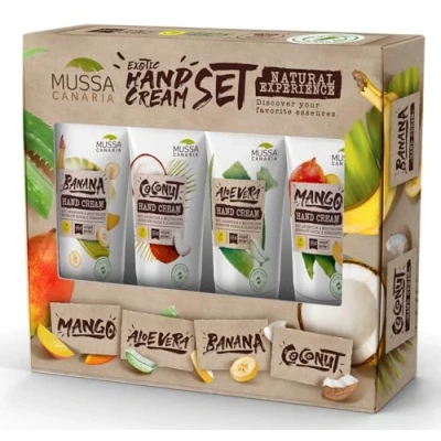 Imagen de Mussa Canaria Set de Cremas Manos Naturales Mango, Aloe Vera, Plátano y Coco Tamaño Viaje 4 x 40 ml