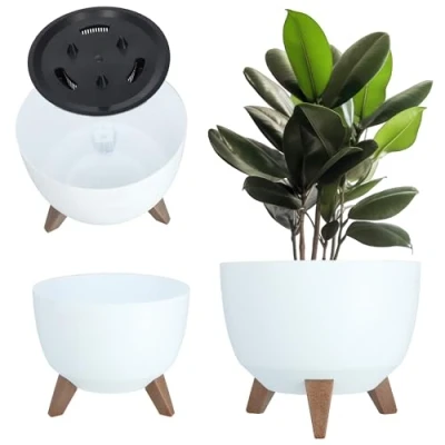 Imagen de KADAX Maceta Decorativa de Plástico con Soporte Integrado, Macetero Tres Patas Imitación Madera para Interior y Exterior (Blanco, 29 cm)