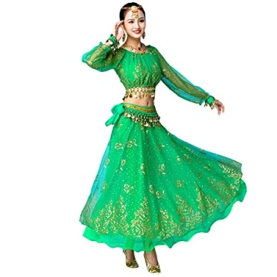 Imagen de Grouptap Bollywood Indio para Mujer de Manga Larga Anarkali Lehenga Choli Saree Vestido Verde árabe Princesa Danza del Vientre Falda Trajes Traje (Verde, 150 170 cm, 45 70 kg)