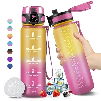 Imagen de HoneyHolly Botella de Agua Deportiva, 1 litro, Motivadora con Marcas Tiempo, Prueba Fugas sin BPA, Reutilizable Cantimplora para Gym, Deporte, Escuela Filtres