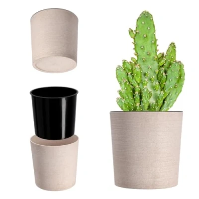 Imagen de KADAX maceta con virutas de madera, elegante incrustación, maceta, macetero, protector para salón, oficina (25 cm, crema)
