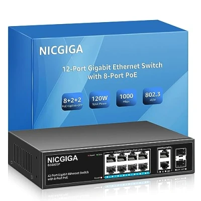 Imagen de 8 Port Gigabit PoE Switch Unmanaged with IEEE802.3af/at PoE+@120W, 2 x 1000Mbps Uplink + 1G SFP, NICGIGA 12 Network Power Over Ethernet Switch, Desktop/Wall Mount.