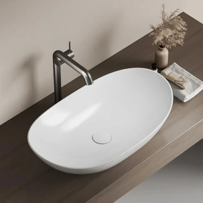 Imagen de EMKE Lavabo Oval 61,5 x 36 15,5 cm, de Cerámica para Baño y WC Invitados, Mini Pequeño, Blanco