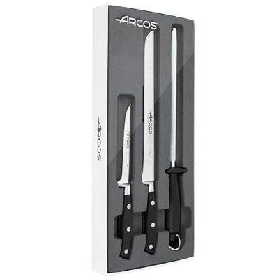 Imagen de Arcos Set Corte 3 piezas Acero Inoxidable Nitrum y Hoja mm. Cuchillo Cocina Profesional 753 gr para Cortar una Variedad Alimentos con Mango Ergonómico Polioximetileno POM. Serie Riviera. Color Negro.